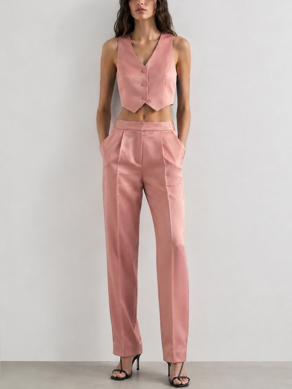 Lost Ink Dusty Pink Satin Tapered Trousers High Rise Tailored Pants UK 8 US 4